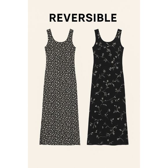 Y2K 90s Reversible Black Floral Maxi Dress Sleeveless Med Soft Grunge Indie - Picture 1 of 6